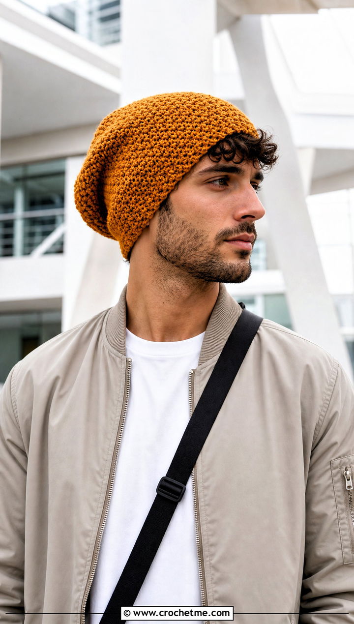 Moss Stitch Slouch Crochet Beanie With Bomber Jacket - 20 Mens Slouch Crochet Beanie outfit ideas