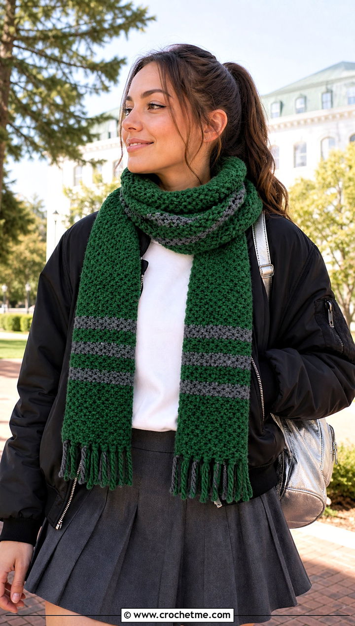 Moss Stitch Slytherin Crochet Scarf With Tennis Skirt - 30 slytherin crochet scarf outfit ideas