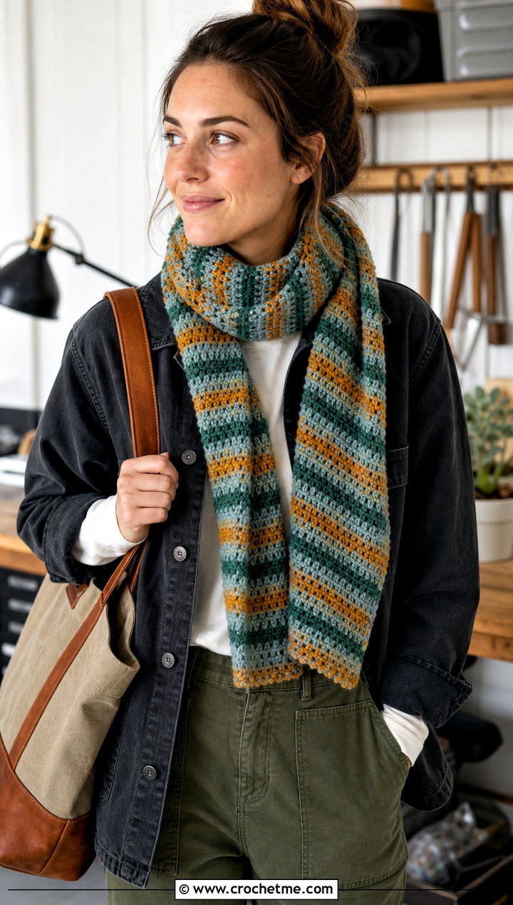 Moss Stitch Stripe Crochet Scarf With Chore Jacket - 30 Stripe Crochet Scarf outfit ideas