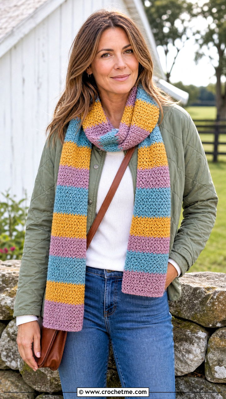 Moss Stitch Striped Crochet Scarf With Quilted Jacket - 30 striped crochet scarf outfit ideas