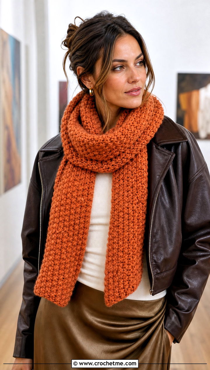 Moss Stitch Super Bulky Crochet Scarf With Leather Jacket - 15 Super Bulky Crochet Scarf outfit ideas
