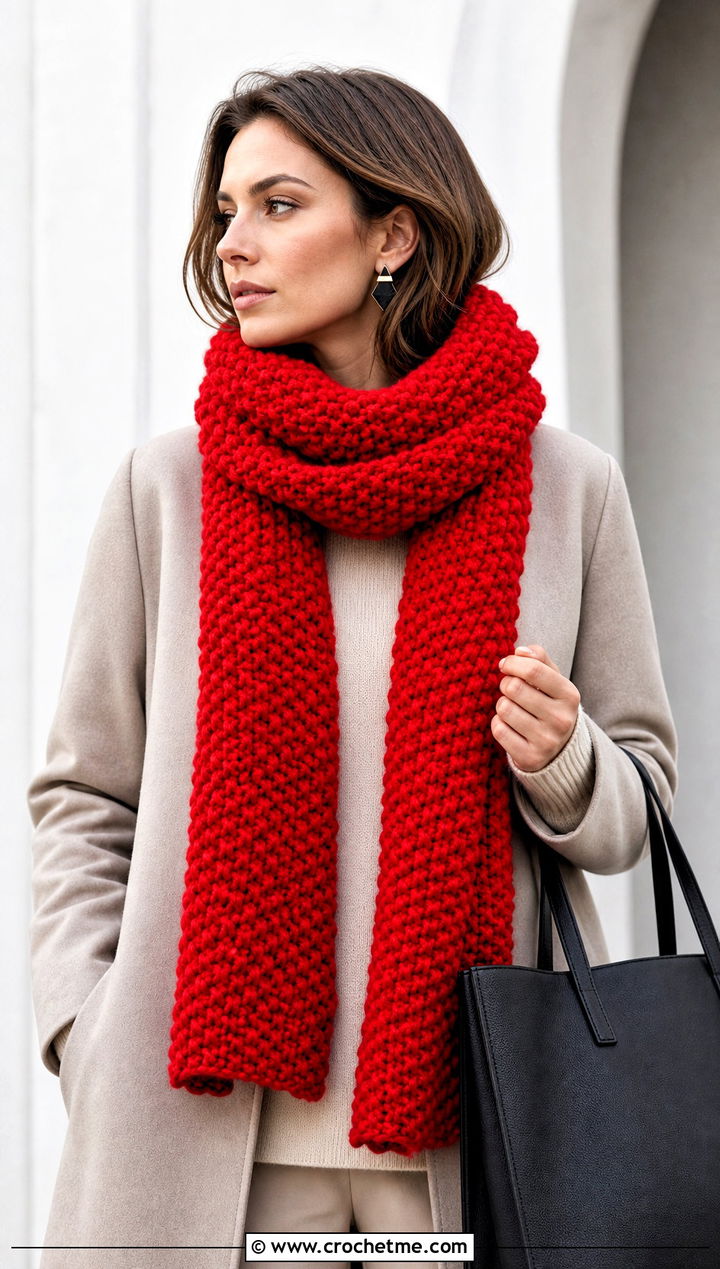 Moss Stitch Super Chunky Crochet Scarf With Minimalist Basics - 25 Super Chunky Crochet Scarf outfit ideas