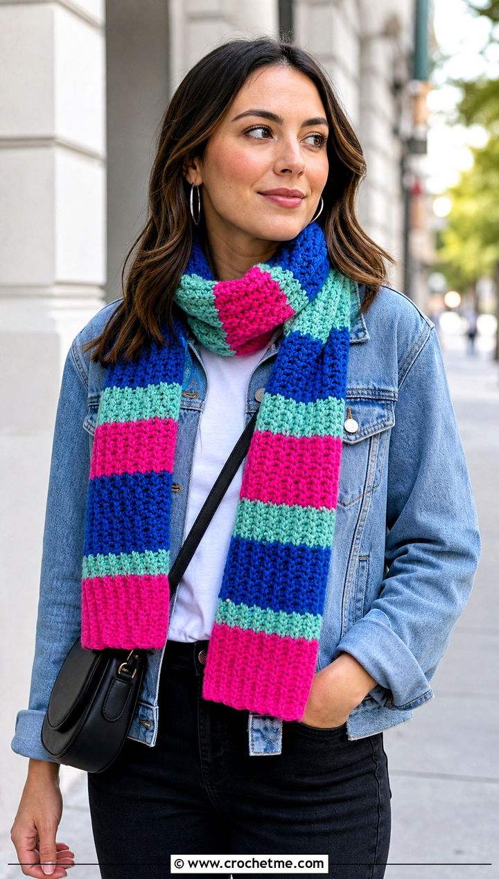 Moss Stitch Temperature Scarf With Denim Jacket - 30 crochet temperature scarf outfit ideas