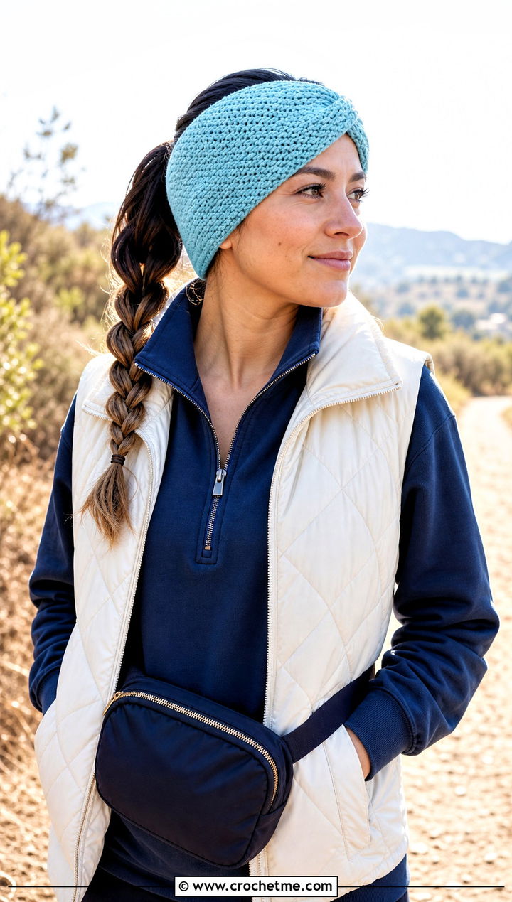 Moss Stitch Twist Crochet Ear Warmer With Quilted Vest - 25 twist crochet ear warmer outfit ideas