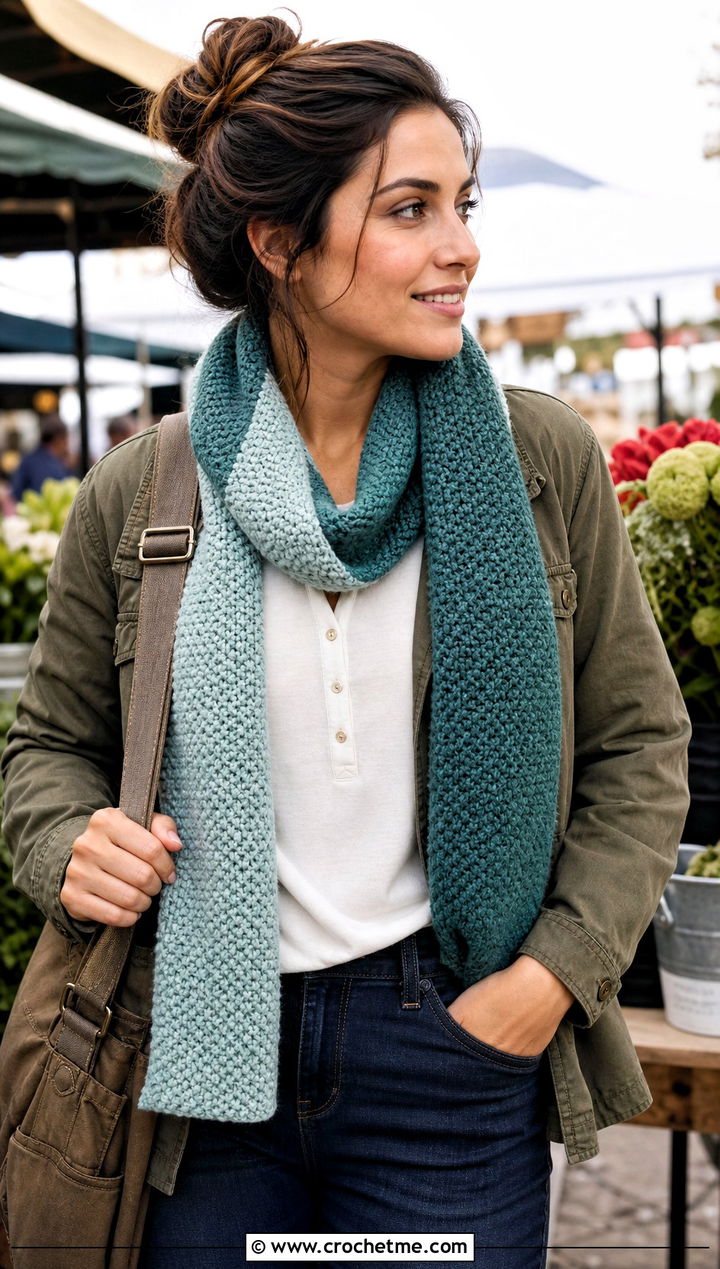 Moss Stitch Two Tone Crochet Scarf With Utility Jacket - 25 two tone crochet scarf outfit ideas