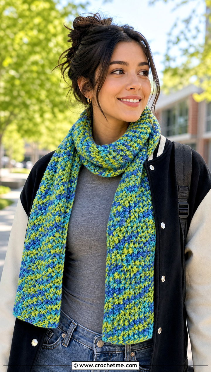 Moss Stitch Variegated Crochet Scarf With Varsity Jacket - 25 Variegated Yarn Crochet Scarf outfit ideas