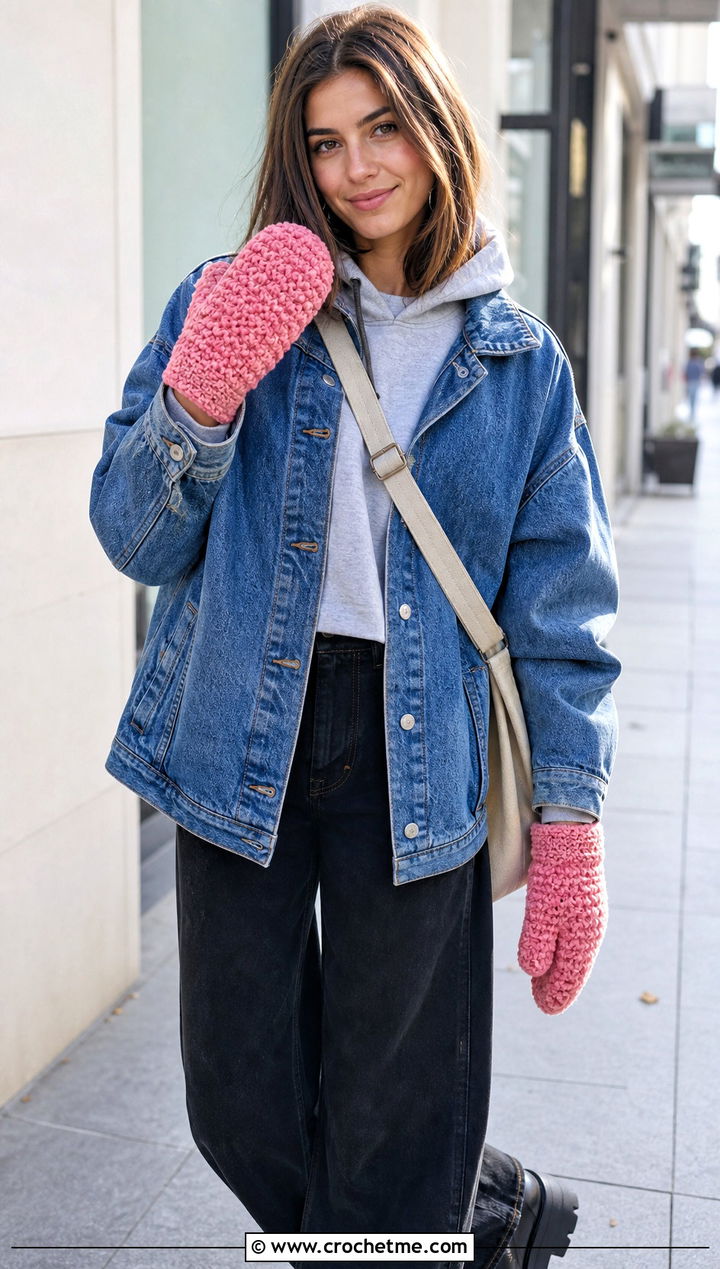 Moss Stitch Velvet Crochet Mittens With Denim Jacket - 20 velvet crochet mittens outfit ideas