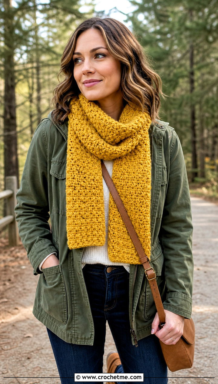 Moss Stitch Velvet Crochet Scarf With Field Jacket - 25 Velvet Crochet Scarf outfit ideas