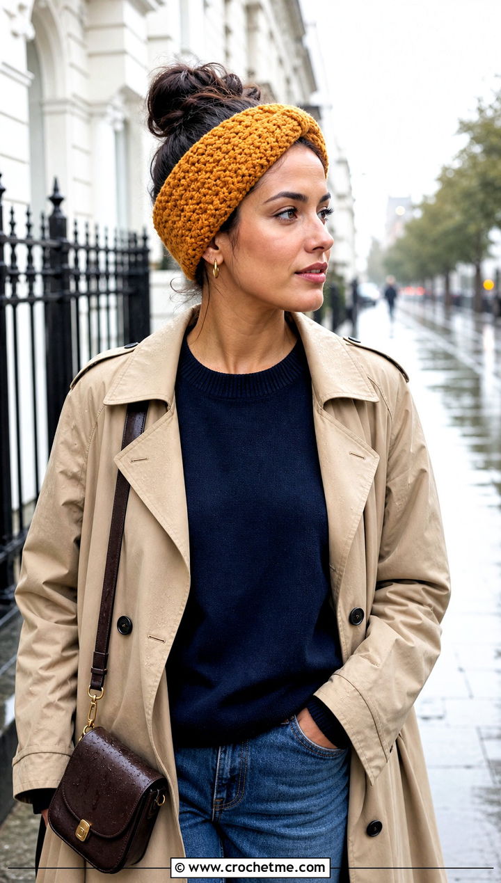 Moss Stitch Wide Crochet Hair Wrap With Trench Coat - 30 crochet hair wraps outfit ideas