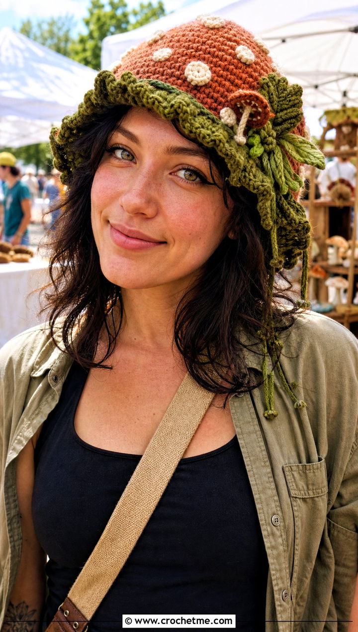 Moss Trimmed Mushroom Crochet Cap With Utility Outfit - 20 Mushroom Crochet Cap outfit ideas