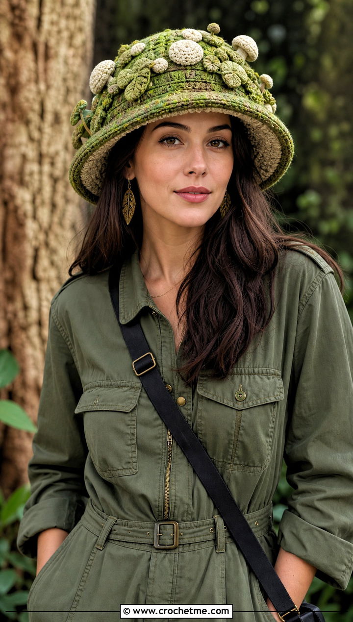Mossy Woodland Mushroom Crochet Hat With Utility Jumpsuit - 25 mushroom crochet hat outfit ideas