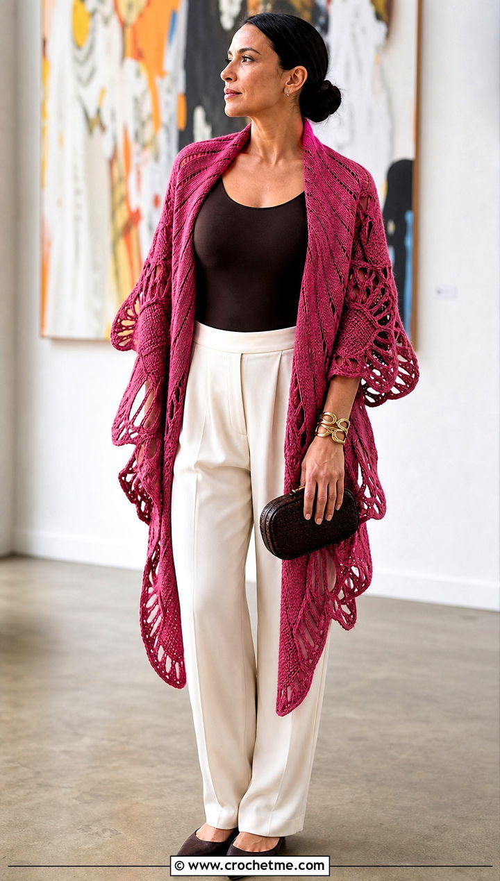 Moth Wing Shawl With Bodysuit and Pleated Trousers - 25 halloween crochet shawl outfit ideas
