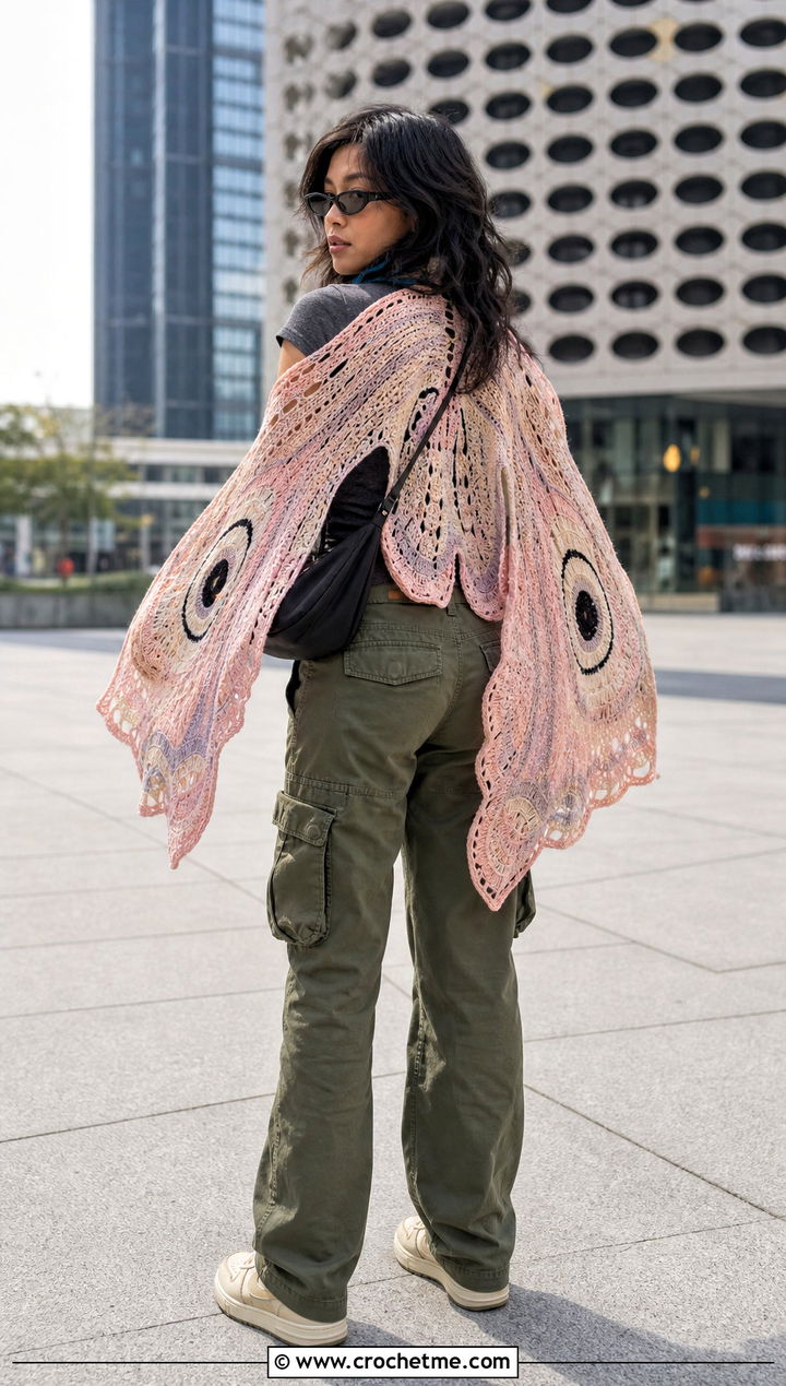 Moth Wing Shawl With Cargo Pants - 30 Crochet Wing Shawl outfit ideas