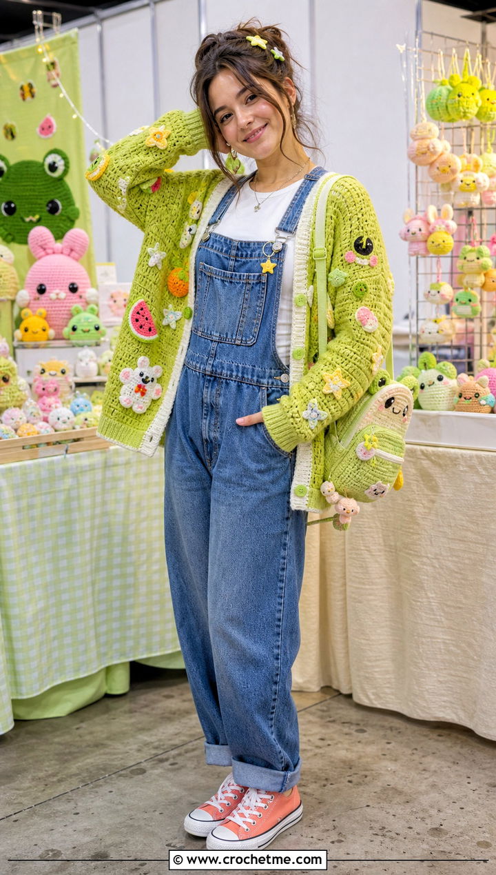 Motif Anime Crochet Cardigan With Denim Overalls - 30 anime crochet cardigan outfit ideas