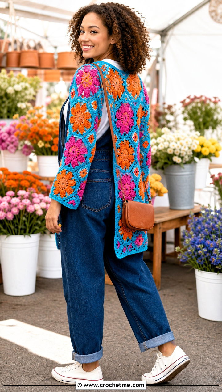 Motif Back African Flower Crochet Cardigan With Denim Overalls - 30 african flower crochet cardigan outfit ideas