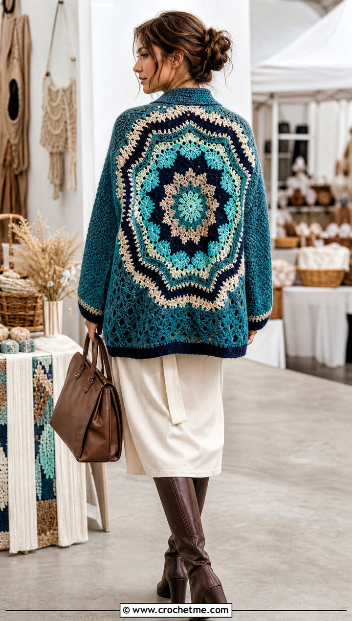 Motif Back Hexi Cardigan With Belted Midi Dress - 35 crochet hexi cardigan outfit ideas