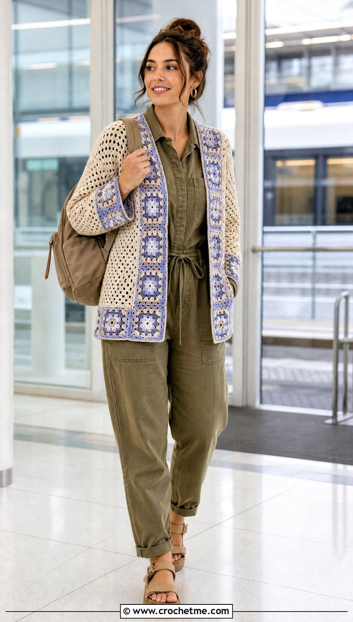 Motif Border Granny Square Cardigan With Utility Jumpsuit - 20 Grant Square Crochet Cardigan outfit ideas