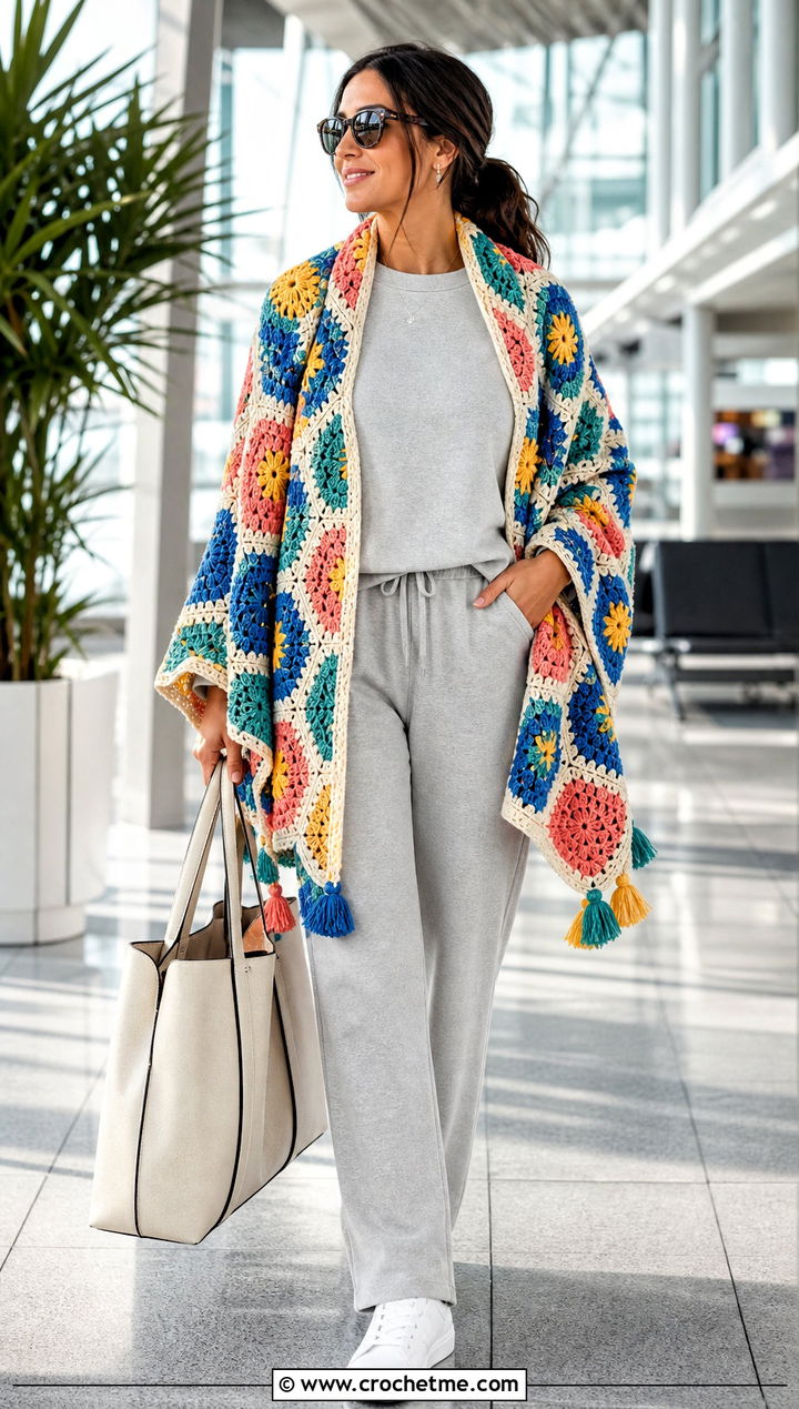 Motif Crochet Blanket Shawl With Matching Lounge Set - 30 crochet blanket shawl outfit ideas