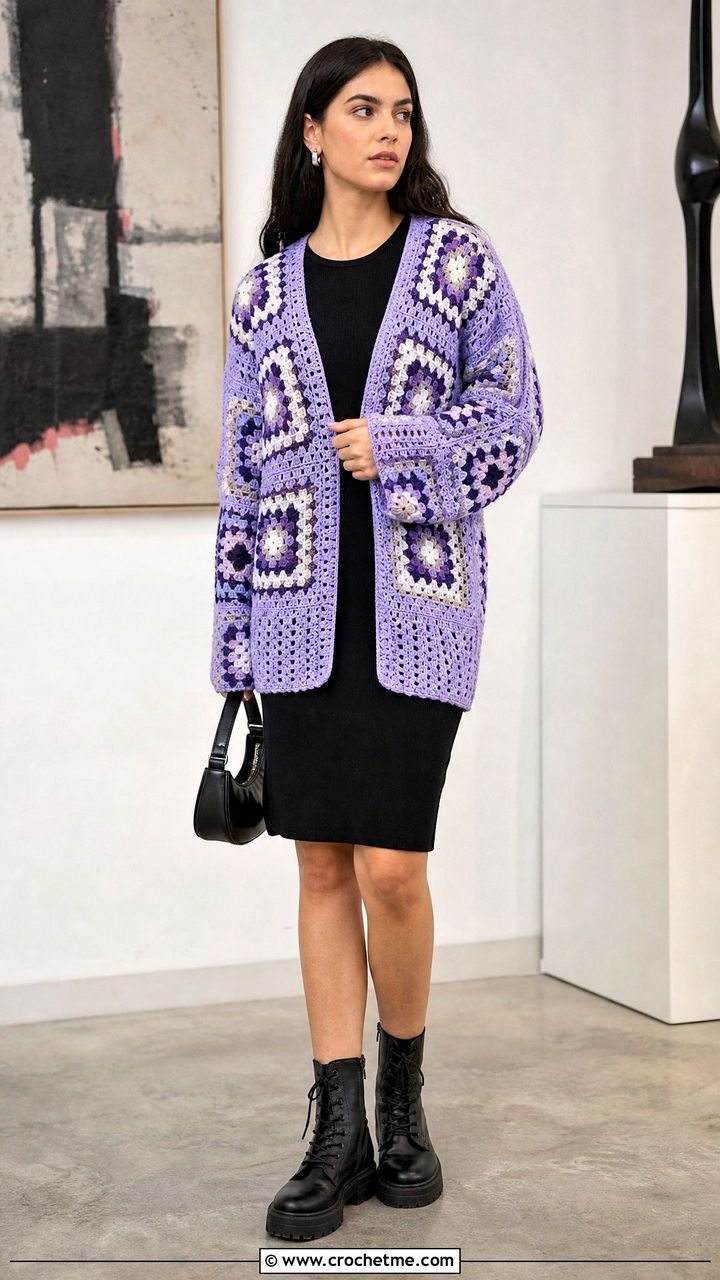 Motif Crochet Cardigan With Black Sheath Dress - 35 easy crochet cardigan women outfit ideas