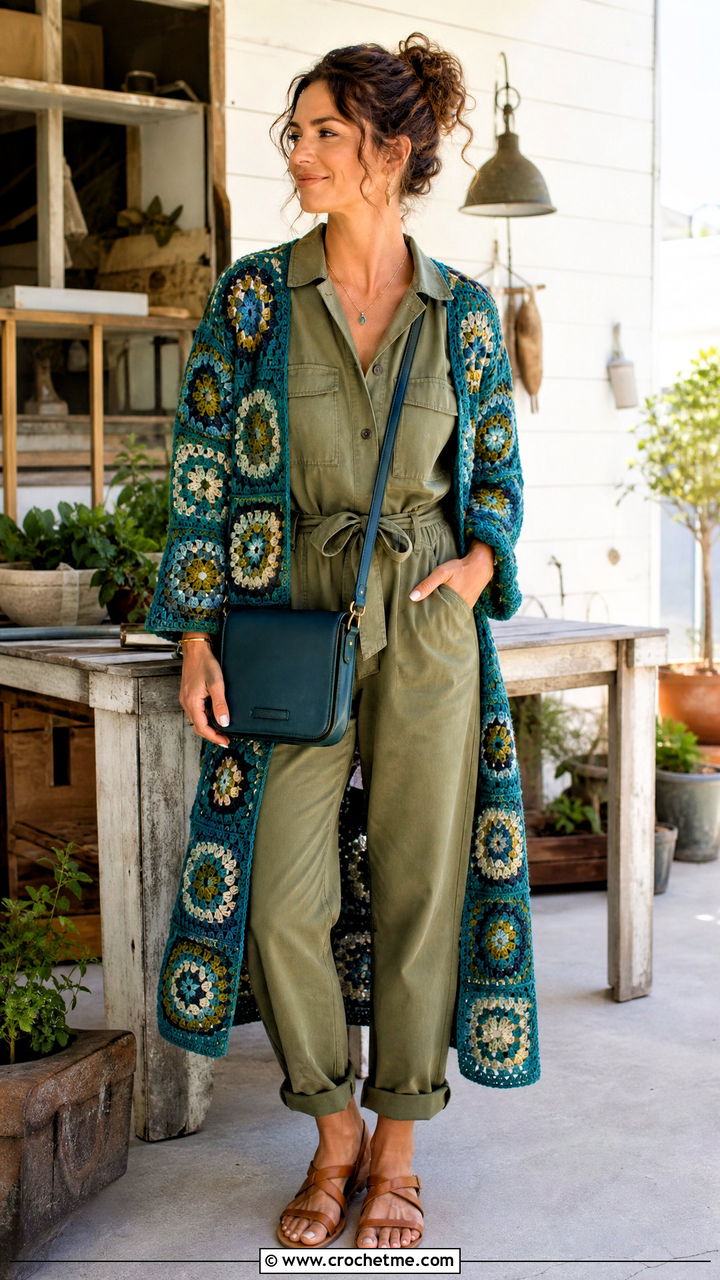 Motif Crochet Cardigan With Utility Jumpsuit - 35 crochet summer cardigan outfit ideas