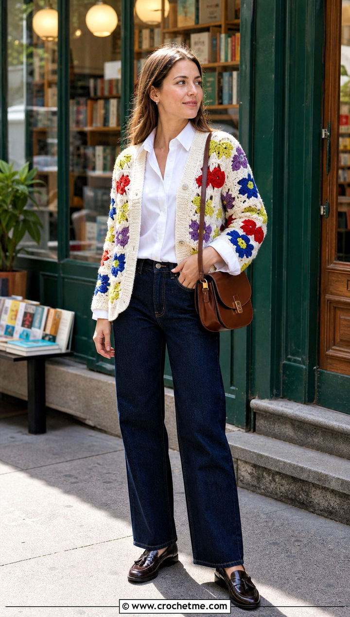 Motif Crochet Cardigan With White Shirt And Jeans - 30 crochet cardigan design outfit ideas