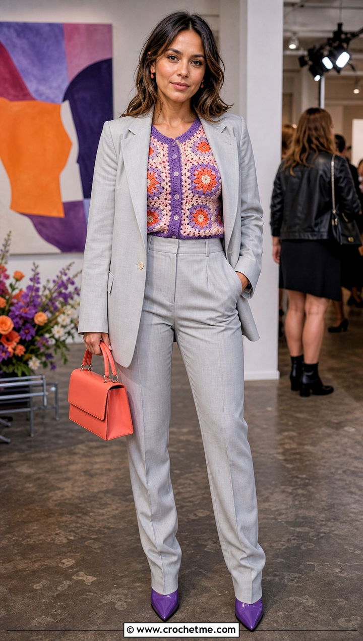 Motif Crochet Cardigan With a Tailored Suit - 30 cute crochet cardigans outfit ideas