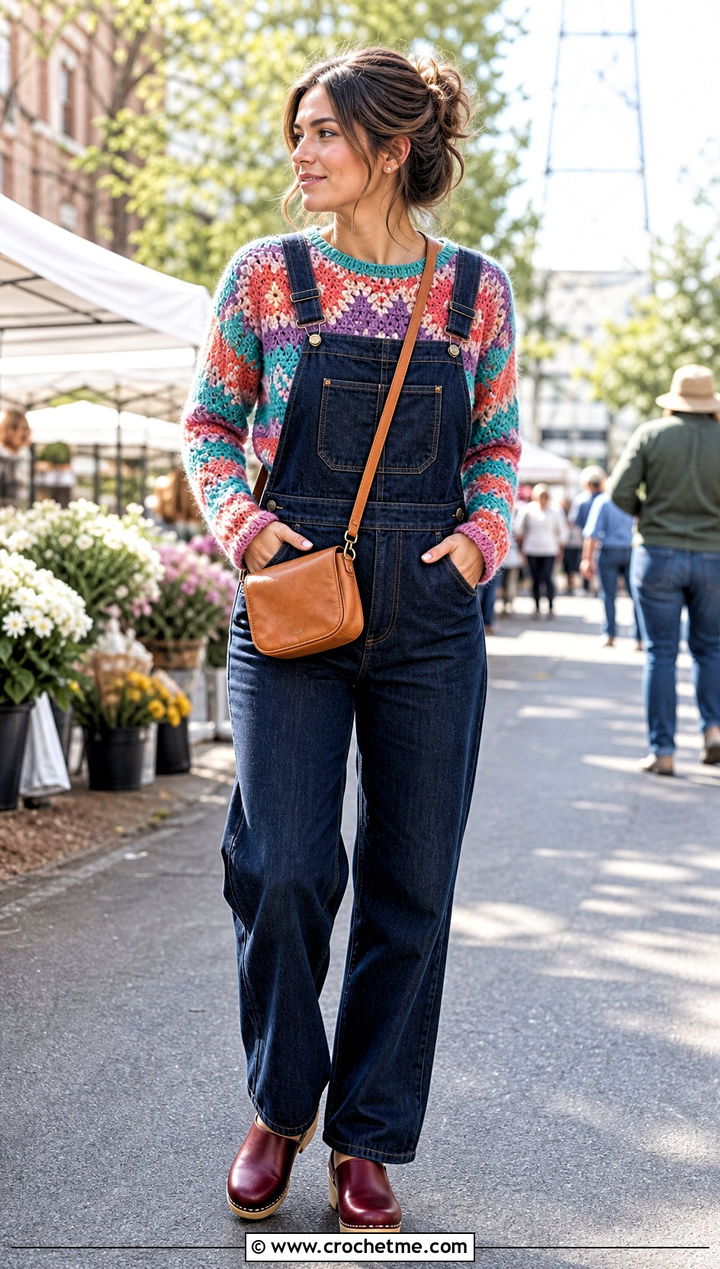 Motif Crochet Cashmere Sweater With Denim Overalls - 30 crochet cashmere sweater outfit ideas