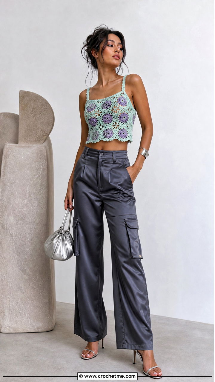 Motif Crochet Crop Top With Satin Cargo Pants - 35 crochet crop top outfits ideas