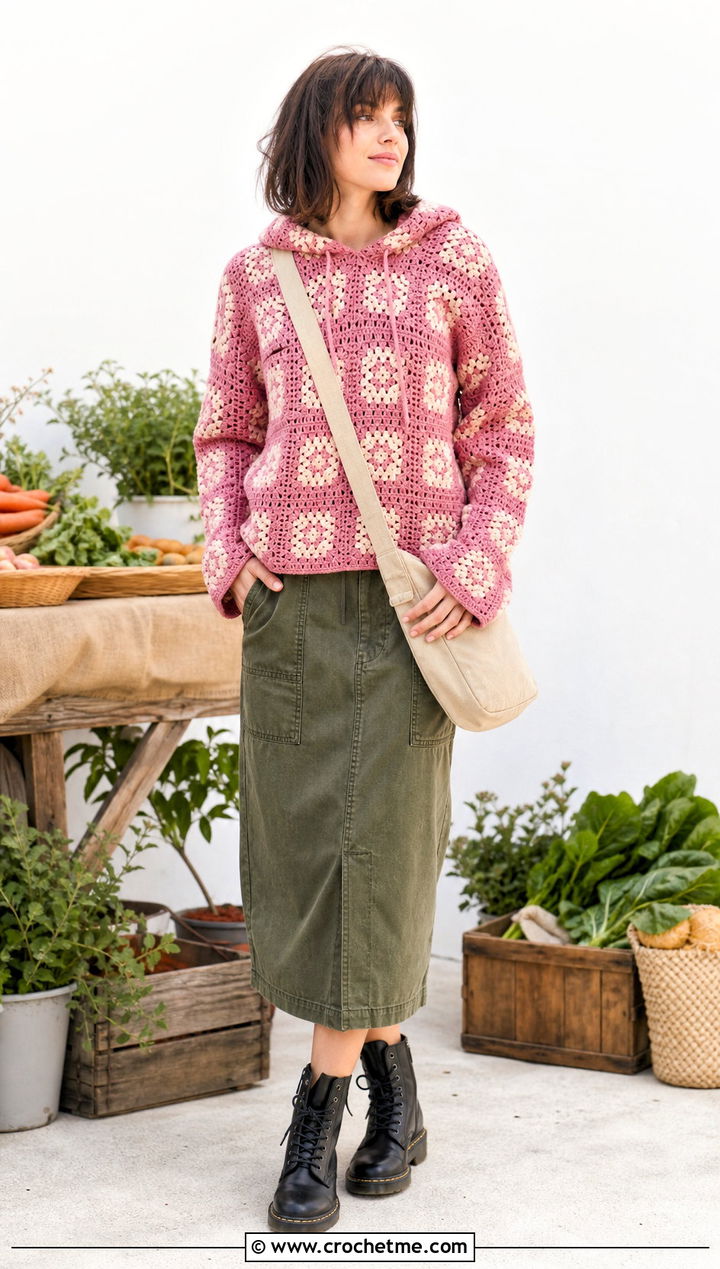Motif Crochet Hoodie With Utility Skirt - 25 Easy Crochet Hoodie outfit ideas