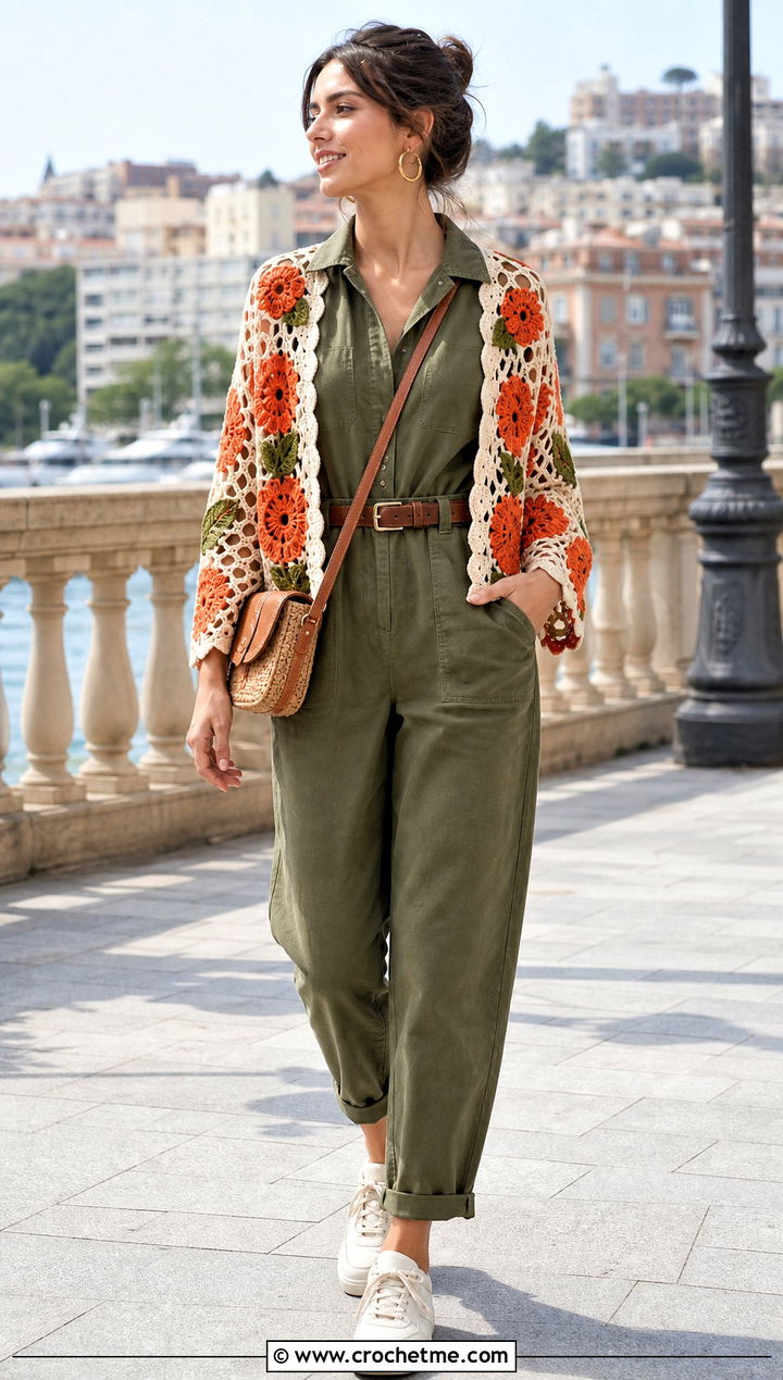 Motif Crochet Lace Bolero With Utility Jumpsuit - 35 crochet lace shrug outfit ideas