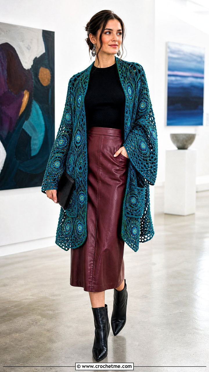 Motif Crochet Pocket Shawl With Leather Midi Skirt - 35 crochet pocket shawl outfit ideas