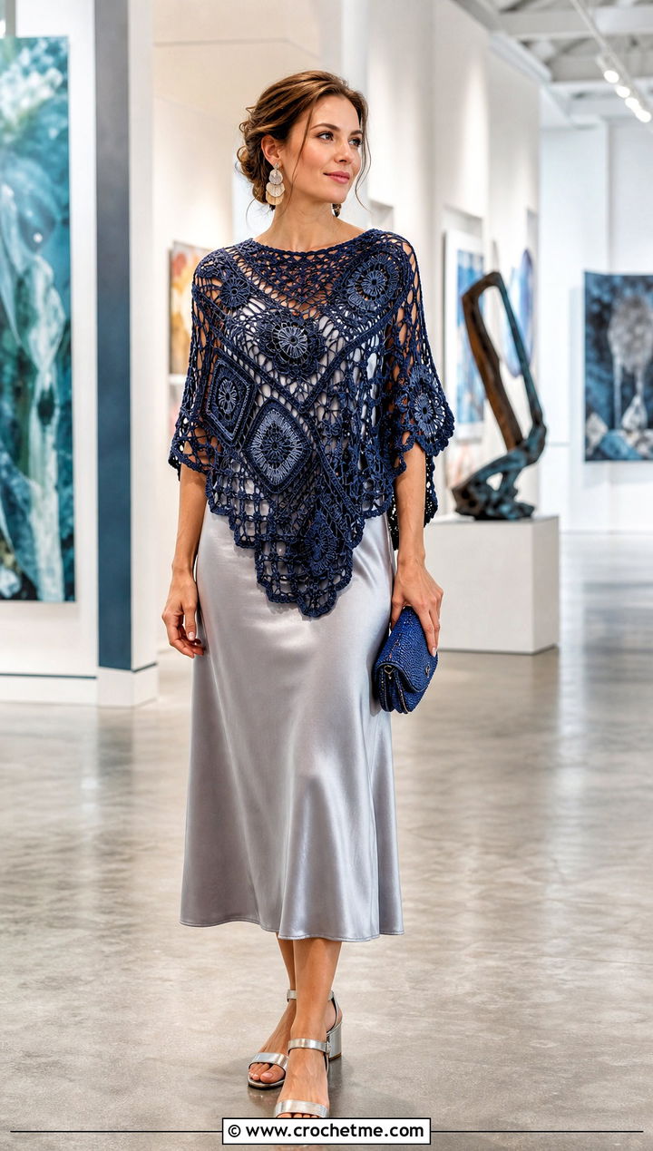 Motif Crochet Poncho With Slip Dress - 25 Easy Simple Crochet Poncho outfit ideas