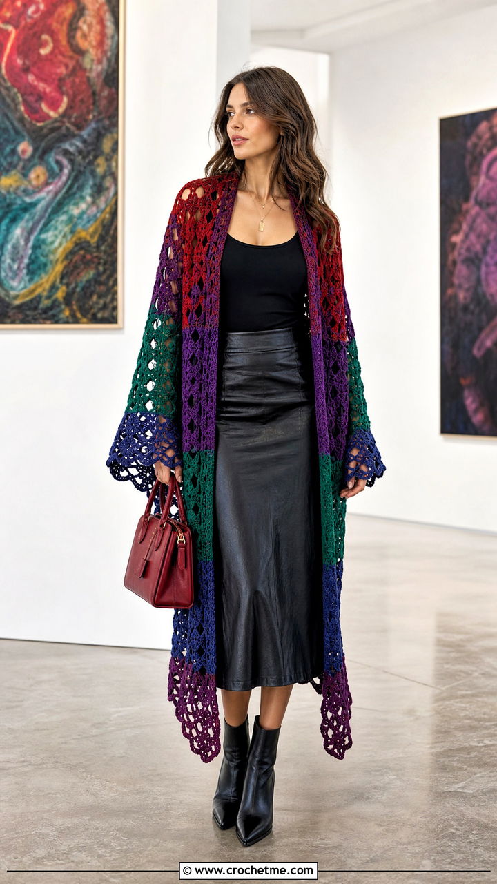 Motif Crochet Prayer Shawl With Tank Top And Leather Midi Skirt - 35 easy crochet prayer shawls outfit ideas