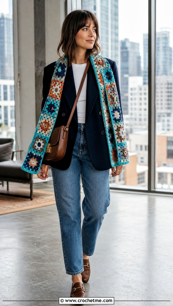 Motif Crochet Rectangle Shawl With Blazer And Jeans - 35 Crochet Rectangle Shawl outfit ideas