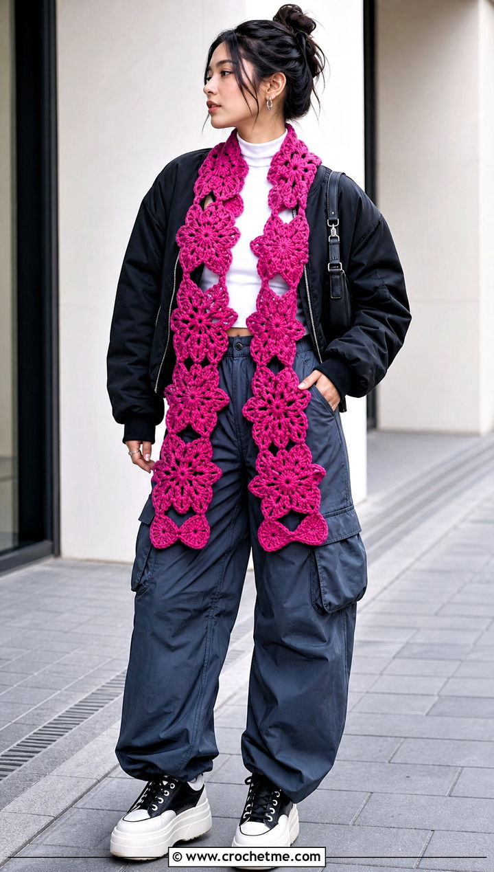 Motif Crochet Scarf With Cargo Pants - 15 unusual crochet scarf outfit ideas