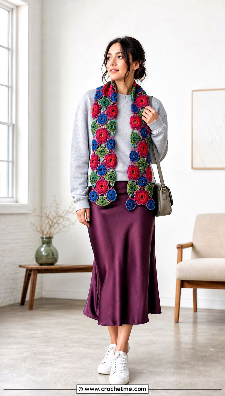 Motif Crochet Scarf With Satin Skirt And Sweatshirt - 35 crochet scarves outfit ideas