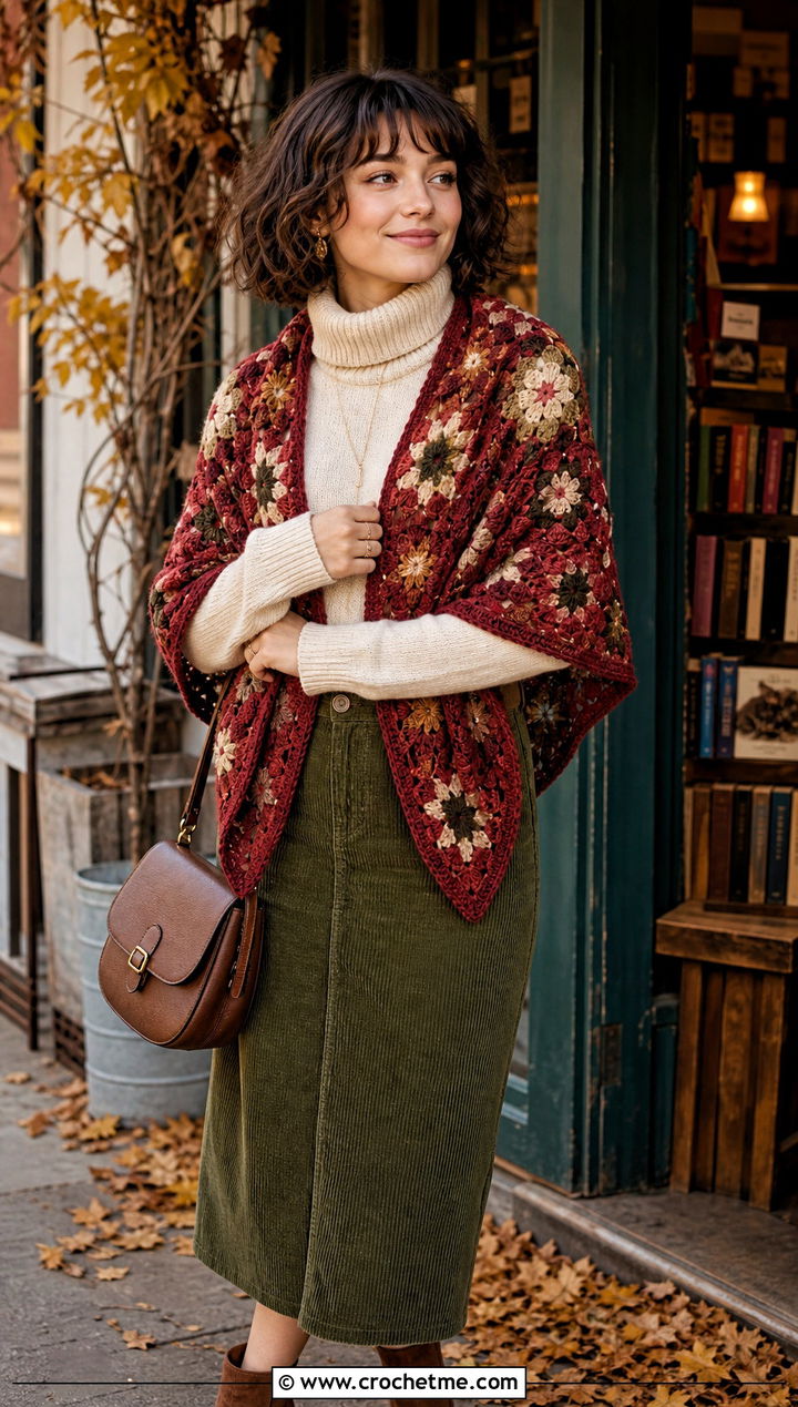 Motif Crochet Shawl With Corduroy Skirt - 25 Fall Crochet Shawl outfit ideas