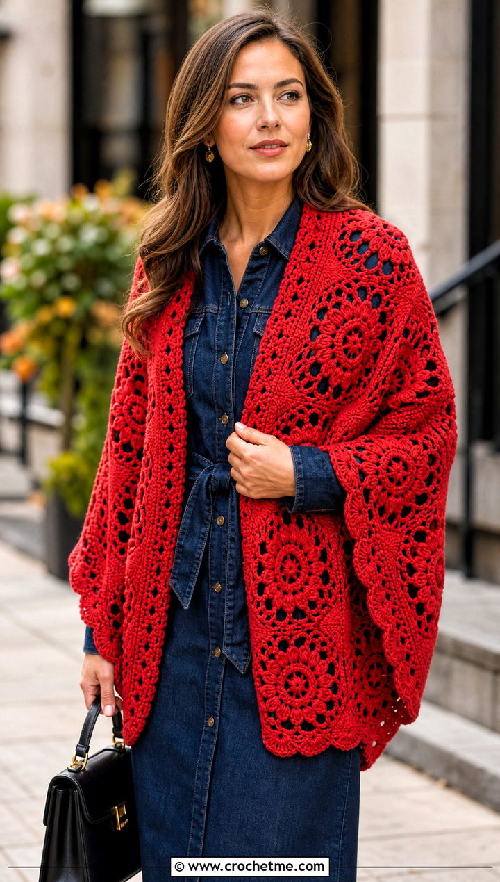 Motif Crochet Shawl With Denim Dress - 15 Never Ending Crochet Shawl outfit ideas