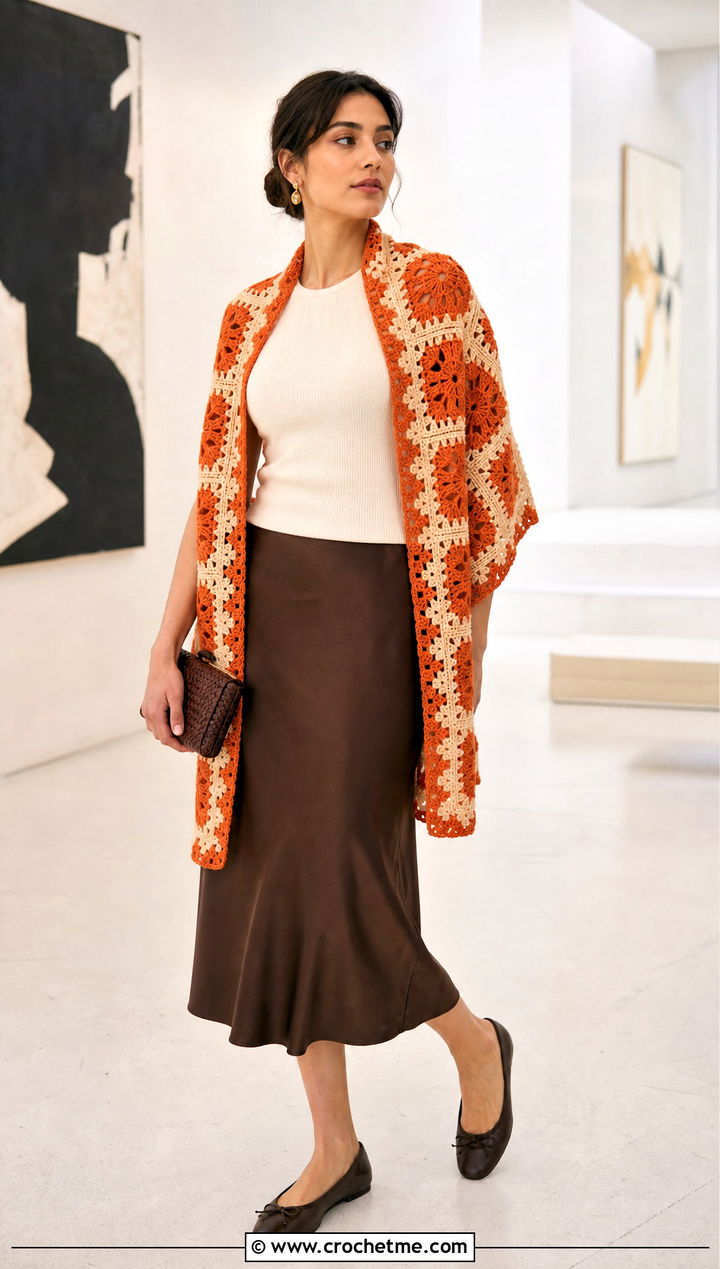 Motif Crochet Shawl With Satin Midi Skirt - 25 Crochet A Shawl outfit ideas
