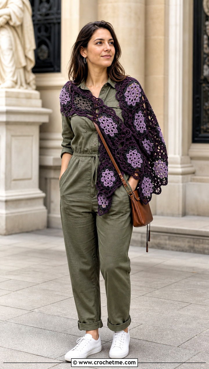 Motif Crochet Shawl With Utility Jumpsuit And Sneakers - 15 Easy Crochet Shawls outfit ideas