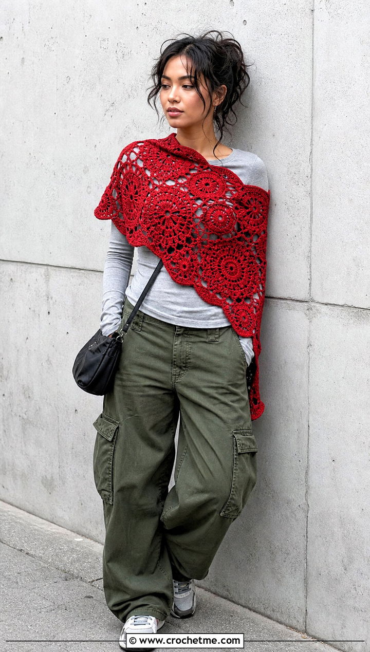 Motif Crochet Shoulder Shawl With Cargo Pants - 25 Crochet Shoulder Shawl outfit ideas
