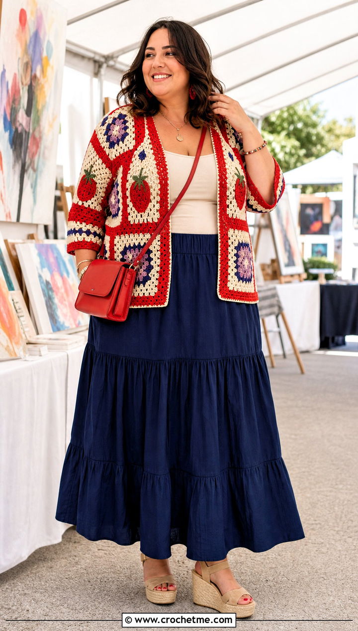 Motif Crochet Summer Cardigan With Tiered Maxi Skirt - 30 plus size crochet summer cardigan outfit ideas