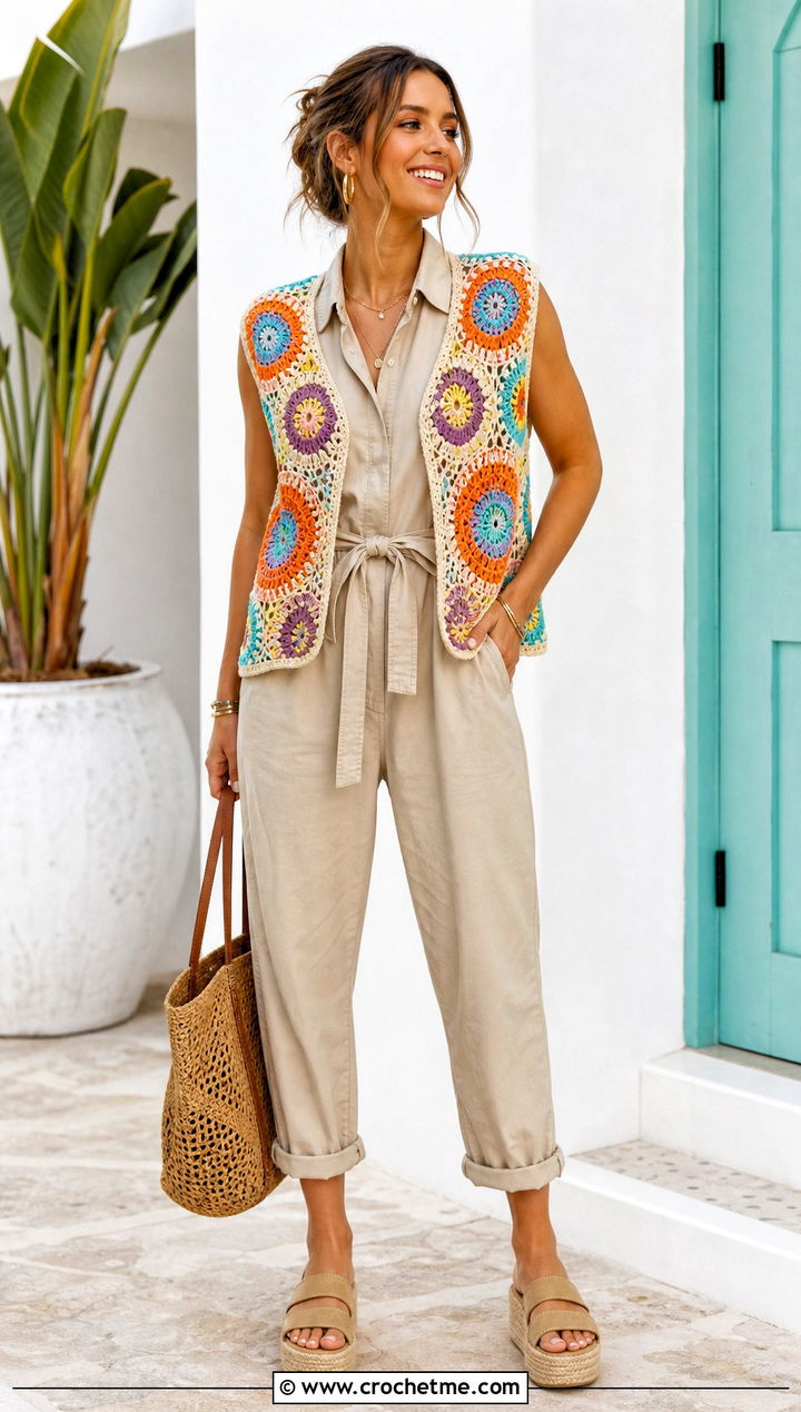 Motif Crochet Summer Vest With a Utility Jumpsuit - 35 Crochet Summer Vest outfit ideas
