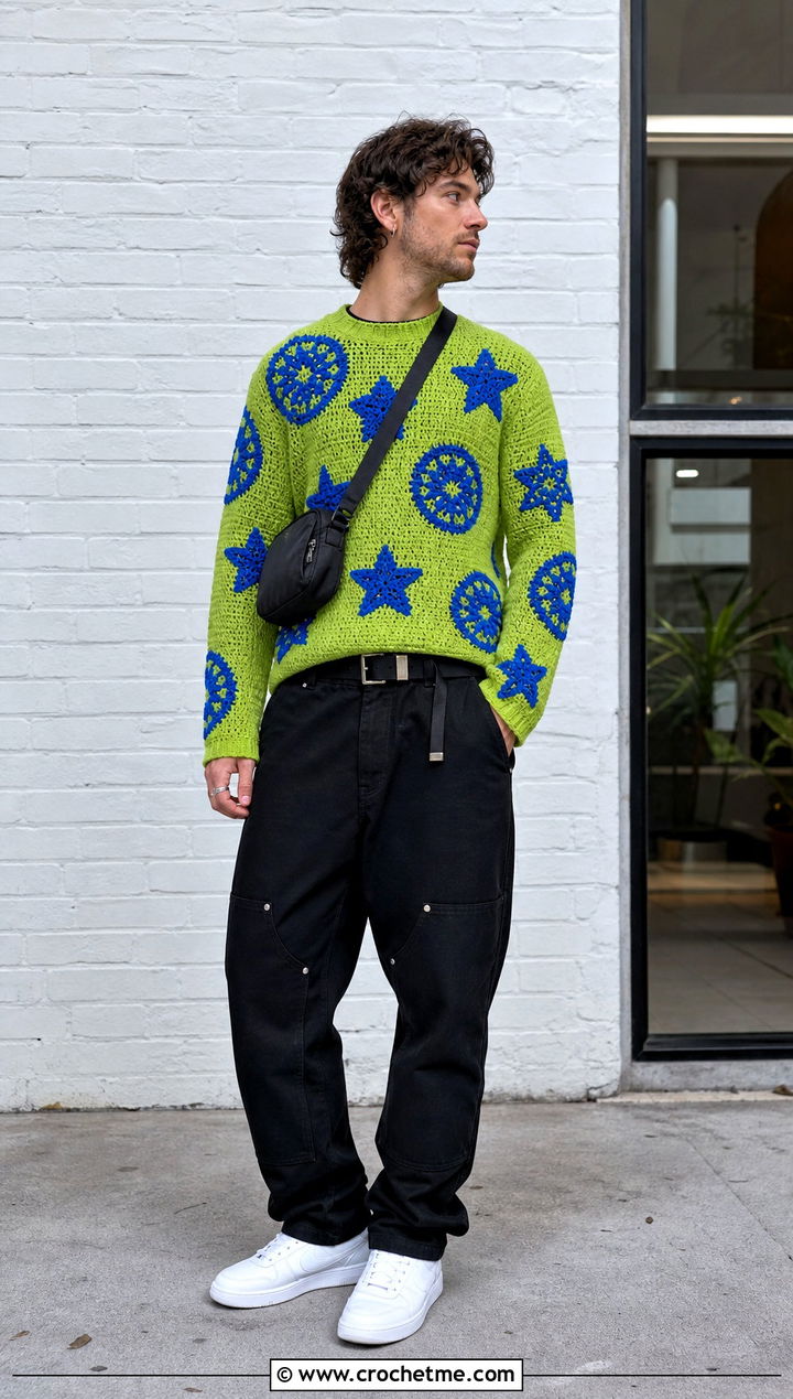 Motif Crochet Sweater With Double Knee Pants - 30 male crochet sweater outfit ideas
