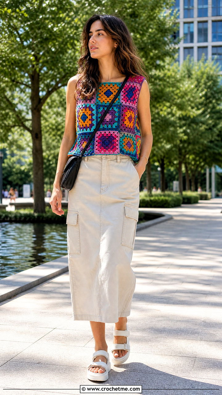 Motif Crochet Top With Cargo Midi Skirt - 35 simple crochet tops outfit ideas