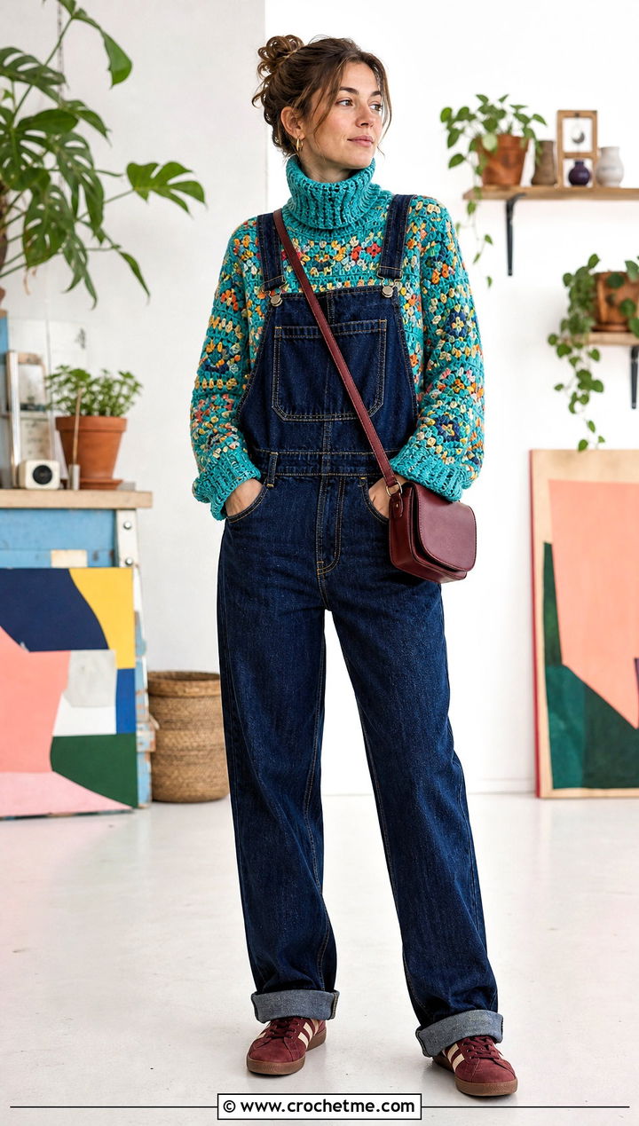 Motif Crochet Turtleneck Sweater With Denim Overalls - 30 crochet turtleneck sweater outfit ideas