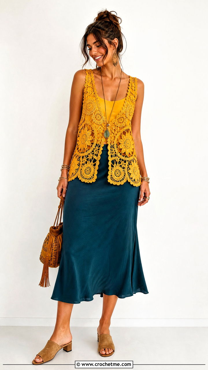 Motif Crochet Vest Top With Bias Midi Skirt - 35 hippie crochet top outfit ideas