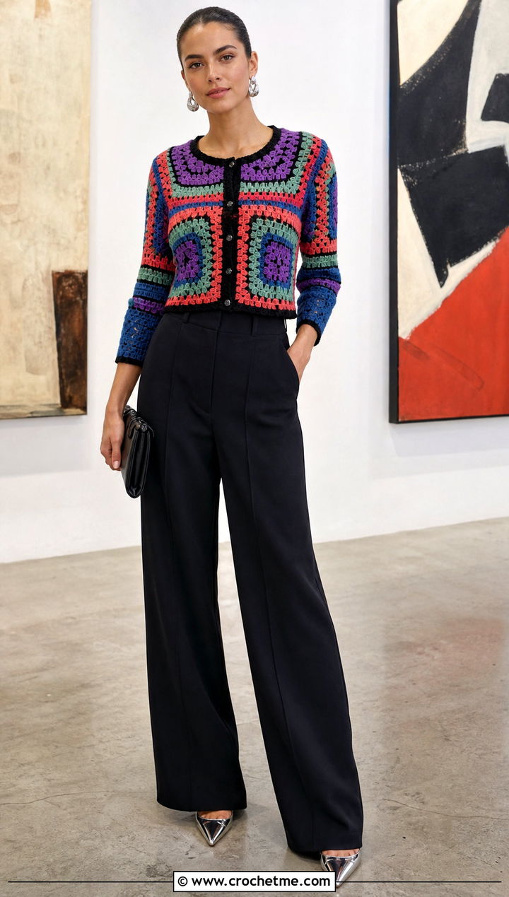 Motif Crop Crochet Cardigan With Tailored Evening Pants - 25 crop crochet cardigan outfit ideas