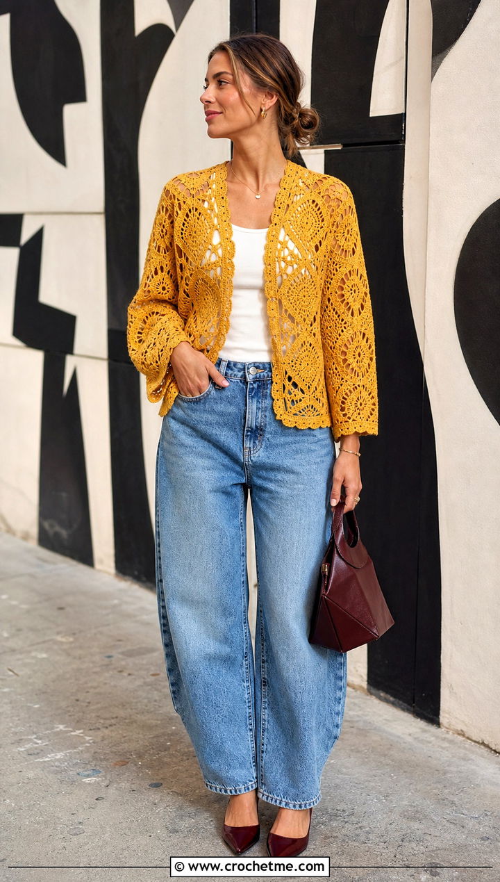 Motif Lace Crochet Cardigan With Barrel Jeans - 25 Lacy Crochet Cardigan outfit ideas