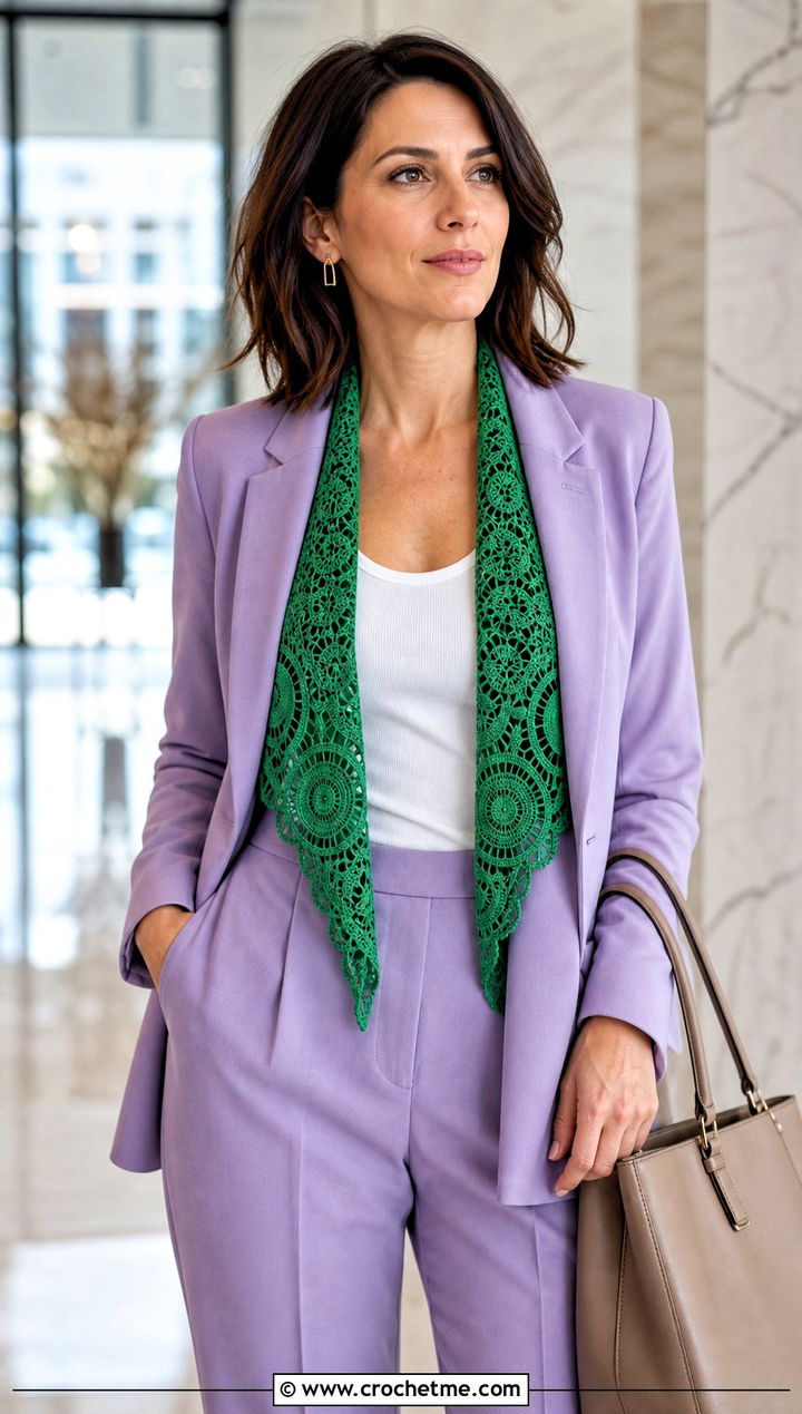 Motif Lace Triangle Shawl With A Matching Pantsuit - 20 Crochet Lace Triangle Shawl outfit ideas